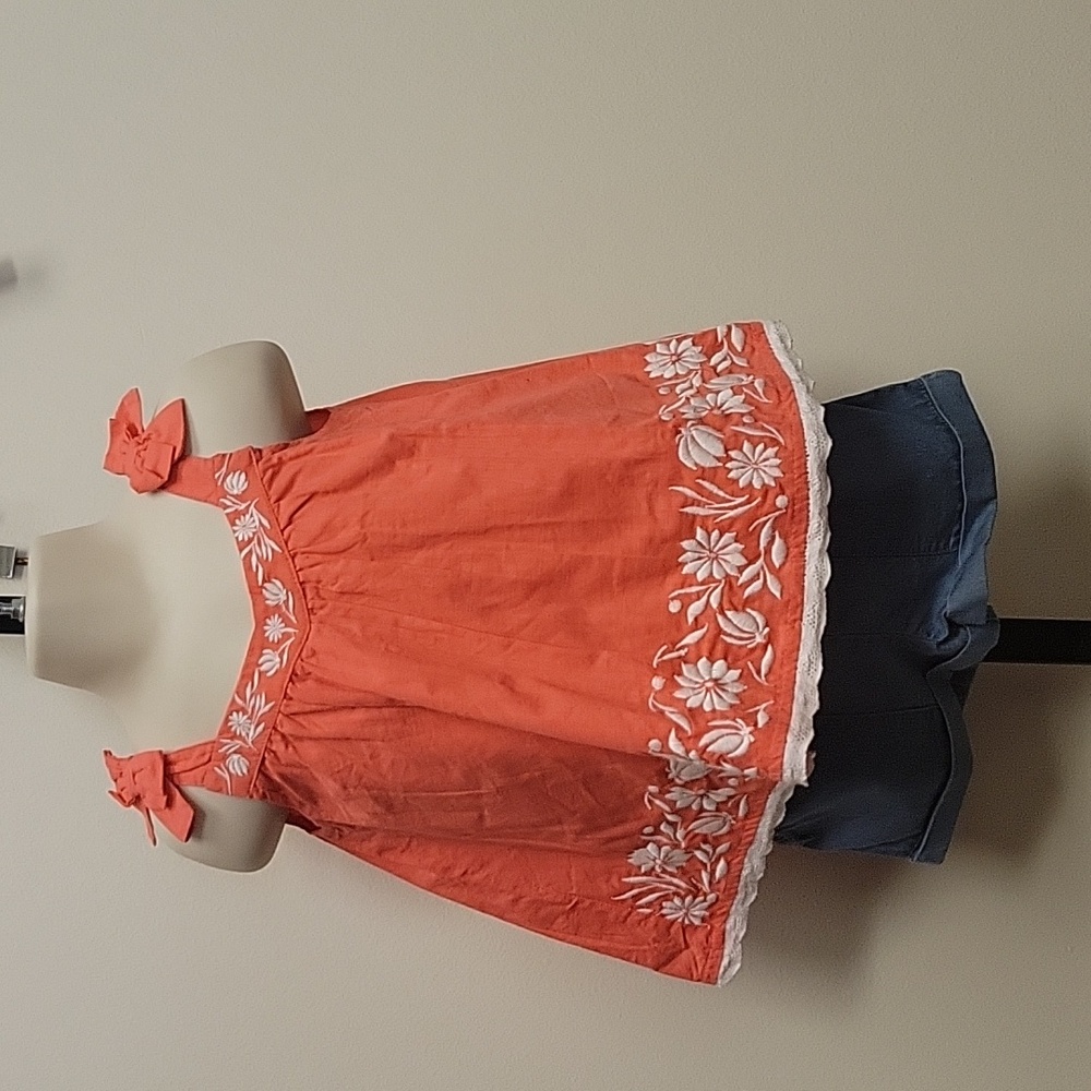 Rachel Zoe white flower embroidered top with blue shorts with pockets bows boho